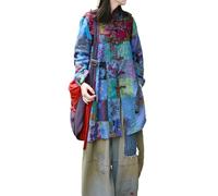 LUZU JUNU Women's Trench Coat Floral Print Long Cotton Linen Jacke Cottagecore Clothing Patchwork Outwear Bohemian unique, Blue Jacket, One size