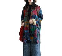 LUZU JUNU Women's Trench Coat Floral Print Long Cotton Linen Jacke Cottagecore Clothing Patchwork Outwear Bohemian unique, Blue Jacket Plush Lining, XL