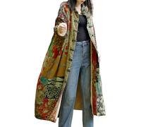 LUZU JUNU Women's Trench Coat Floral Print Long Cotton Linen Jacke Cottagecore Clothing Patchwork Outwear Bohemian unique, Green Plush Lining, L