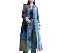 LUZU JUNU Women's Trench Coat Floral Print Long Cotton Linen Jacke Cottagecore Clothing Patchwork Outwear Bohemian unique, Blue Warm Fleece, XL