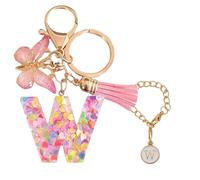 Luzvienzee 2 PCS Alphabet Keychain Initial Letter Keyrings for Women Teenage Girls, Butterfly Tassel Pink Pendant, Cute Crystal Glitter Sparkling Key Ring (Pink W)