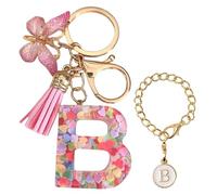 Luzvienzee 2 PCS Alphabet Keychain Initial Letter Keyrings for Women Teenage Girls, Butterfly Tassel Pink Pendant, Cute Crystal Glitter Sparkling Key Ring (Pink B)