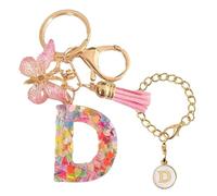 Luzvienzee 2 PCS Alphabet Keychain Initial Letter Keyrings for Women Teenage Girls, Butterfly Tassel Pink Pendant, Cute Crystal Glitter Sparkling Key Ring (Pink D)