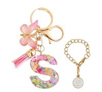 Luzvienzee 2 PCS Alphabet Keychain Initial Letter Keyrings for Women Teenage Girls, Butterfly Tassel Pink Pendant, Cute Crystal Glitter Sparkling Key Ring (Pink S)