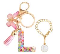 Luzvienzee 2 PCS Alphabet Keychain Initial Letter Keyrings for Women Teenage Girls, Butterfly Tassel Pink Pendant, Cute Crystal Glitter Sparkling Key Ring (Pink L)