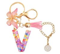 Luzvienzee 2 PCS Alphabet Keychain Initial Letter Keyrings for Women Teenage Girls, Butterfly Tassel Pink Pendant, Cute Crystal Glitter Sparkling Key Ring (Pink V)