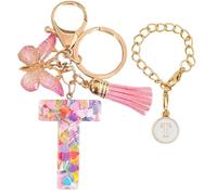 Luzvienzee 2 PCS Alphabet Keychain Initial Letter Keyrings for Women Teenage Girls, Butterfly Tassel Pink Pendant, Cute Crystal Glitter Sparkling Key Ring (Pink T)