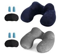 LUZWAY Inflatable Travel Pillow Neck Pillow Kits Ergonomic Soft Velvet Washable Pillowcase with Ear Plug and Eye Mask, Lightweight Sleeping Rest Cushion for Airplane, Car, and Train（2 pack）