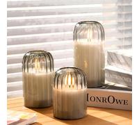 luzzup Glass Ribbed Flameless Candles - Battery Candles with Remote Timer, Green Glass LED Candles with Pumpkin Shape, Warm Light, Lasting 350 Hrs and Brightness Adjustment, Φ 3" H 4" 5" 6", Set of 3