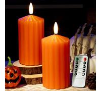 luzzup Ribbed Pillar Flameless Candles(2.6x6) - Pumpkin Color Battery Candles with Remote, Real Wax LED Candle with Timer, Dimmable, 3D Wick, Warm Lighting for Halloween Decor, Orange Candle, 2 Pack