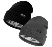 Lvaiz Hats 2 Pack Satin Lined Beanie Hats for Men Women Winter Warm Knitted Cuffed Silk Lined Slouchy Skull Cap, Black+Dark Grey, One Size