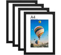 LVAOUO A4 Wooden Picture Frames Set, 4-Pack, 21 x 29.7cm Versatile Black A4 Frame, Supports Landscape or Portrait Orientation, with Plexiglass and Stand, Wall-Mountable and Desk-Ready