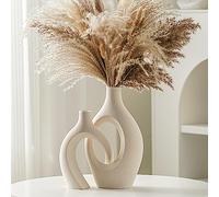 Lvases Beige Ceramic Flower Vase Set of 2, Neutral Nordic Boho Aesthetic Floral Vases, Snuggle Decorative Pampas Grass Vase, for Modern Home Living Room Table Centerpieces Decor (W 6.8" X H 11")