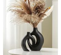 Lvases Matte Black Ceramic Vases Set of 2 for Modern Home Decor, Neutra Boho Nordic Style Aesthetic Pampas Vases, Donut Flower Vase for Organic Table Home Living Room Shelf Decor (W 6.3" X H 8.4")