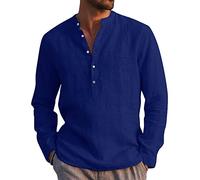 LVCBL Henley Men Shirt Long Sleeve Casual Stand-Up Collar Shirt Dark Blue M