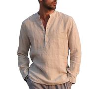 LVCBL Henley Shirt Men Long Sleeve Men Linen Shirt Casual Shirt Khaki M