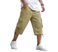 LVCBL Mens 3/4 Length Shorts Cargo Combat Trousers Summer Cotton Capri Shorts Khaki XL