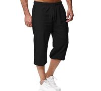 LVCBL Men's Carpi Shorts Summer Long Linen Shorts Below Knee 3/4 Capri Pants with Pockets Black 3XL