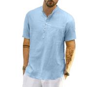 LVCBL Men's Casual Cotton Linen Short Sleeve Henley Shirt Summer Lightweight Banded Collar Beach Tops M-3XL, blue, 3XL