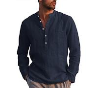 LVCBL Men's Cotton Linen Henley Shirt Casual Hippie Beach Long Sleeve T Shirts Navy 3XL