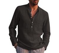 LVCBL Men's Cotton Linen Henley Shirt Mens Summer Casual Shirts Dark Gray 2XL
