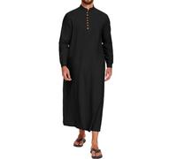 LVCBL Mens Linen Gown Thobe Kaftan Men Moroccan Long Sleeve Robe Black L