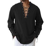 LVCBL Mens Linen Shirts Long Sleeve Drawstring Shirts Medieval Viking Pirate Halloween Costume Black L