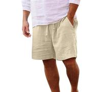 LVCBL Men's Linen Shorts Summer Holiday Casual Beach Shorts with Elastic Waist Khaki L