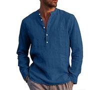 LVCBL Men's Long Sleeve Henley Shirt Men Casual Shirt with Pocket Sea Blue L