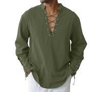 LVCBL Men's Renaissance Victorian Long Sleeve Shirt Medieval Pirate Drawstring Shirts Army Green M