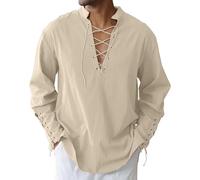 LVCBL Men's Retro Linen Shirts Lace up Shirts Medieval Viking Pirate Costume Khaki 3XL