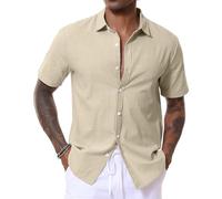 LVCBL Mens Short Sleeved Shirts Summer Beach Shirt Spread Collar Casual Top Khaki L
