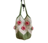 LVCHAO Crochet Flower Granny Square Large Tote Shoulder Bag Handmade Shopping Handbag Vintage Style Summer Beach for Daily Travel(Green)