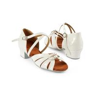 LVCHAO Latin Dance Shoes Girls Low Heel Black Brown White Satin Flip Fur Soled Tango Performance for Latin Dance, Salsa, Tango(White,36)