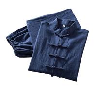 LVCHAO Soft Cotton Linen Longsleeves Tang Suit Casual Kung Fu Tai Chi Uniform Wing Chun Jacket And Pants for Men Women(Blue,L)