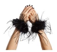 LVCOMEFF Ladies Ostrich Feather Wrist Cuffs Furry Party Wedding Bridal Concert Luxury Black One Size, one size, feathers, No gemstone.