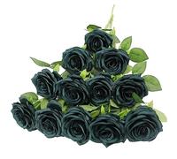 LVEFIT 12pcs Artificial Rose Flower Dark Green Rose Emerald Green Flower with Long Stem Silk Roses Bouquet for Wedding Bridal Shower Party Home Decoration
