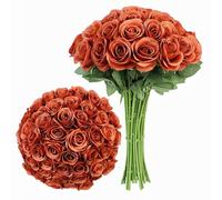 LVEFIT Artificial Rose 30Pcs Burnt Orange Rose Flower Artificial Flowers Flower with Long Stem Silk Roses Bouquet for Wedding Bridal Shower Party Home Decoration