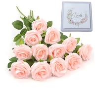 LVEFIT Artificial Rose Flower Blush Flowers Pink Roses Silk Flowers 12 pcs with Long Stem Silk Roses Bouquet for Wedding Bridal Shower Party Home Decoration