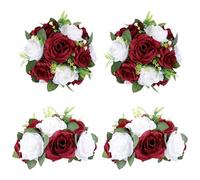 LVEFIT Flower Balls for Wedding Centrepieces - 4 Pcs 9.5in Diameter Artificial Flower Ball Arrangement Bouquet Fake Rose Flowers Party Centerpieces for Weddings Tables (4, White Burgundy, Rose)