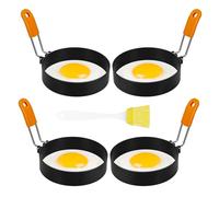 Lvefyti 4 Pieces 3.9 Inch Large Egg Rings Stainless Steel Egg Maker, Fried Egg Mould Egg Ring, Non-Stick Egg Shaper for Frying Pan, Egg Ring, Round Pancake/Omelets with Silicone Folding Handles and