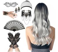 Lvefyti Grey Wig Women's Long 75 cm Ombre Silver Grey Long Curly with Necklace Earring Gloves Lace Mask Fan Bracelets for Halloween Carnival Cosplay Costume Party