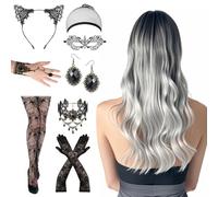 Lvefyti Grey Wig Women's Long 75 cm Ombre Silver Grey Long Curly with Necklace Earring Gloves Lace Mask Fan Bracelets Headband Stockings for Halloween Carnival Cosplay Costume Party