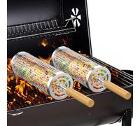 Lvelfe 2PCS Rolling BBQ Basket with Handle (9.4" x 3.9") Nesting Grill Tools, Barbecue Accessories, Grill Baskets for Outdoor Grill and camping,veggies, shrimp, chicken,304 Stainless Steel