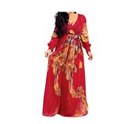 lvenzse Womens Maxi Dress Boho Chiffon Floral Printed V-Neck Long Dresses, A-longsleeve-redfloral, XXL