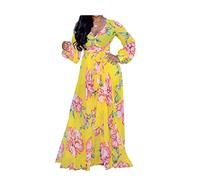 lvenzse Womens Maxi Dress Boho Chiffon Floral Printed V-Neck Long Dresses, A-longsleeve-yellow, XL