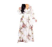 lvenzse Womens Maxi Dress Boho Chiffon Floral Printed V-Neck Long Dresses (S-5XL) - beige - Large