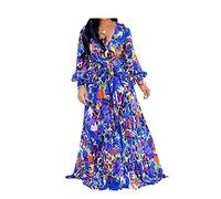 lvenzse Womens Maxi Dress Boho Chiffon Floral Printed V-Neck Long Dresses (S-5XL) - blue - 5X-Large