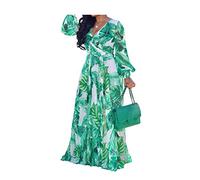 lvenzse Womens Maxi Dress Boho Chiffon Floral Printed V-Neck Long Dresses (S-5XL) - green - XXX-Large