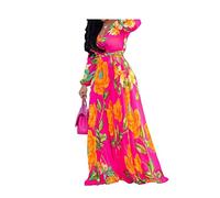 lvenzse Womens Maxi Dress Boho Chiffon Floral Printed V-Neck Long Dresses (S-5XL) - pink - XXX-Large
